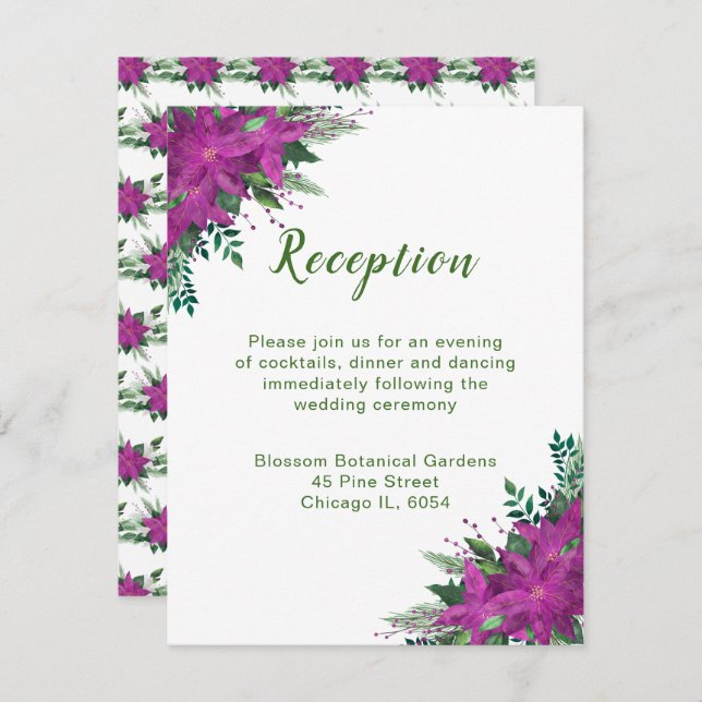 Christmas Purple Poinsettia Wedding Reception Enclosure Card (Front/Back)