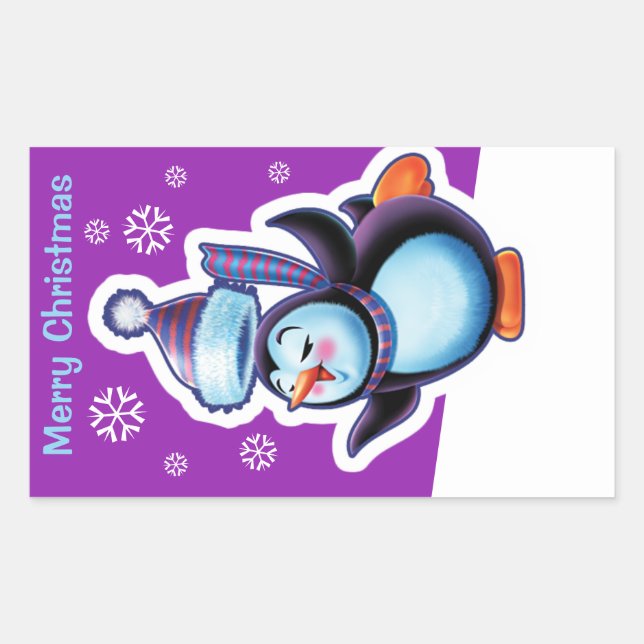Christmas purple rectangle sticker Penguin skater. (Front)