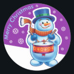 Christmas purple round sticker Snowman drummer.<br><div class="desc">Christmas purple round sticker Snowman drummer. and other Snowfolk. Winter Wonderland snowmen. Loveable wintery snowmen and snowgirl characters playing their instruments in a Christmas band. Also check out the matching loveable wintery characters with skating penguins, sledging snowgirls, skiing snowmen and skating snowmen : ) A lovely illustrated original sticker to...</div>