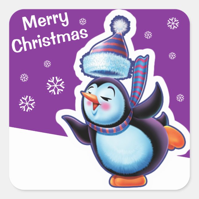 Christmas purple square sticker Penguin skating. (Front)