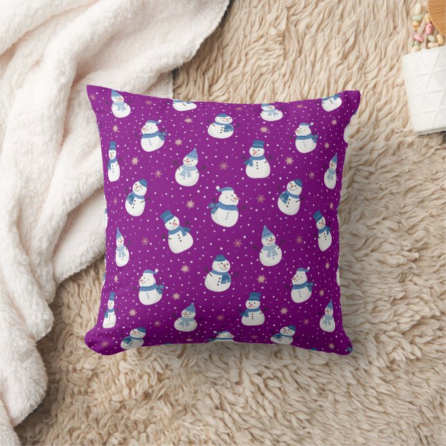Christmas Purple Throw Pillow with Snowmen (Blanket)