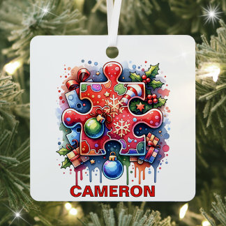 Christmas Puzzle Enthusiast Custom Name Metal Tree Decoration