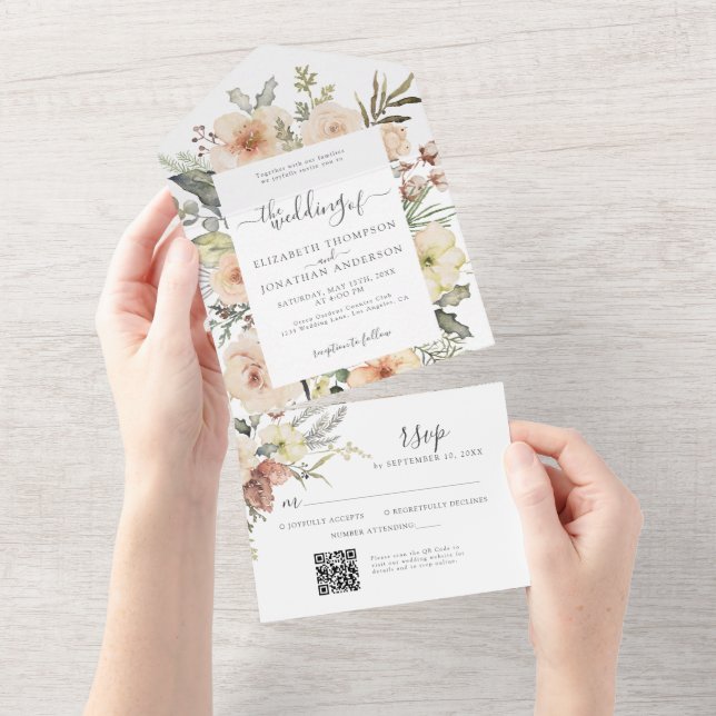 Christmas QR RSVP Winter Floral Woodland Wedding All In One Invitation (Tearaway)