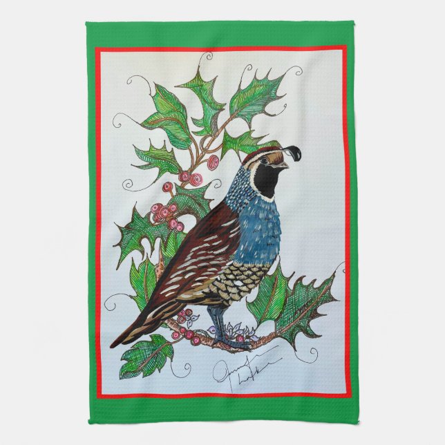 Christmas Quail Holly Tea Towel (Vertical)