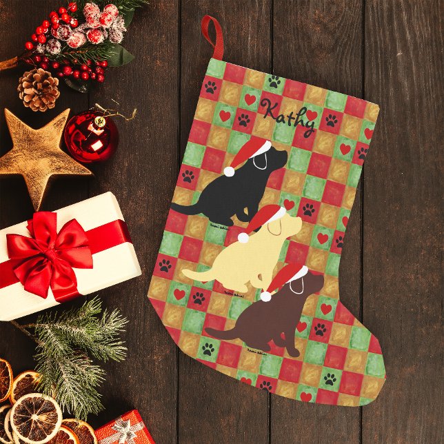 Christmas Quilt Labrador Puppies Small Christmas Stocking (Christmas Quilt Labrador Puppies Christmas Stocking for Labrador Retriever Owners.)