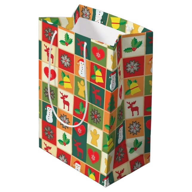 Christmas Quilt Pattern Medium Gift Bag (Back Angled)