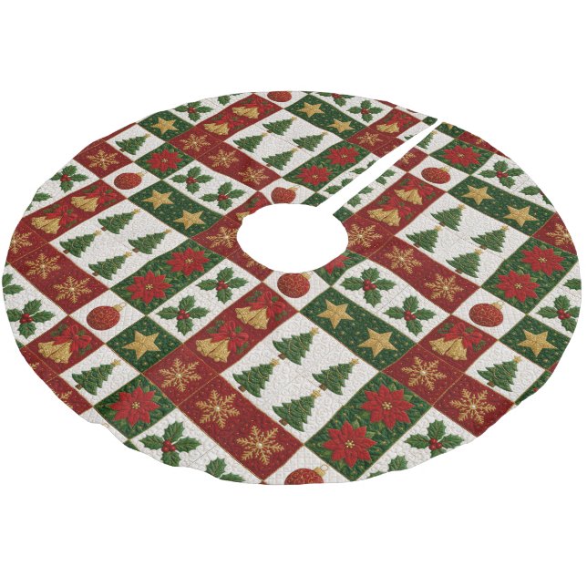 Christmas Quilt Squares Brushed Polyester Tree Skirt (Angled)