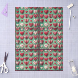 Christmas Quilted Hearts Green Red White Decoupage Tissue Paper