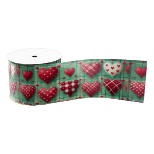 Christmas Quilted Hearts Green Red White Grosgrain Ribbon