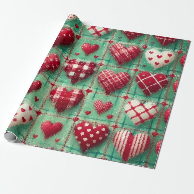 Christmas Quilted Hearts Green Red White  Wrapping Paper (Unrolled)