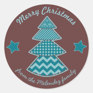 Christmas Quilted Maroon Aqua Teal Classic Round Sticker