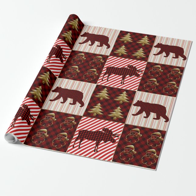 Christmas Quilting Buffalo Plaid Reindeer Bear Wrapping Paper (Unrolled)