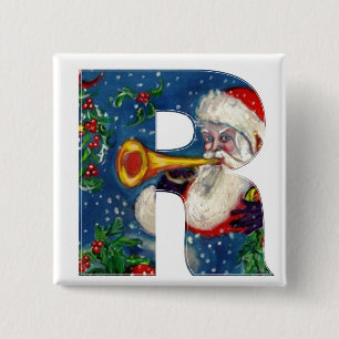CHRISTMAS R LETTER / SANTA BUGLER MONOGRAM 15 CM SQUARE BADGE