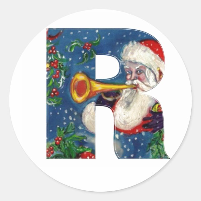 CHRISTMAS R LETTER / SANTA CLAUS BUGLER CLASSIC ROUND STICKER (Front)