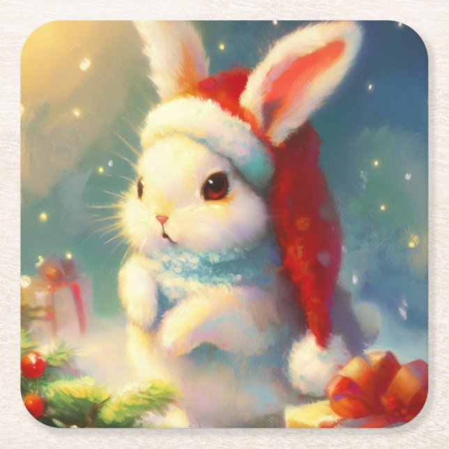 Christmas Rabbit 2 Square Paper Coaster (Front)
