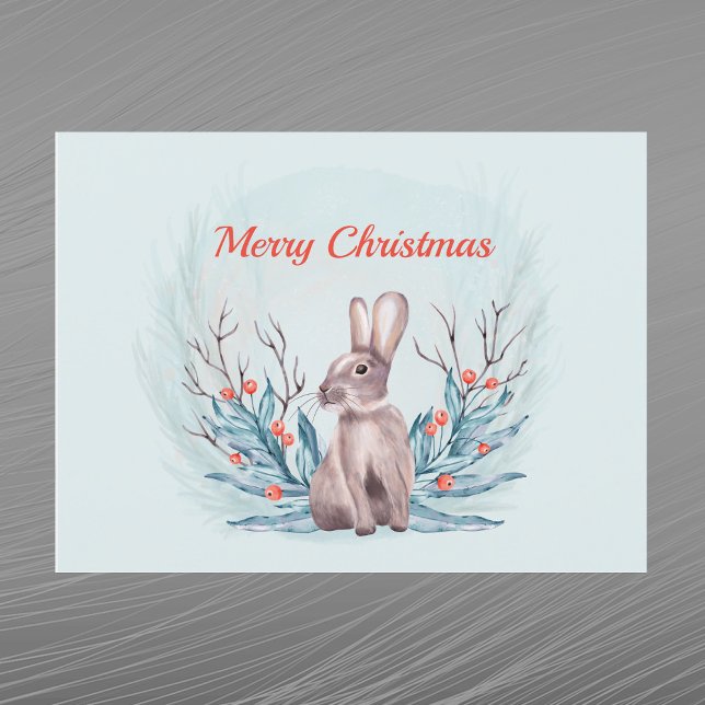 Christmas Rabbit Berries Watercolor Holiday Postcard (Creator Uploaded)