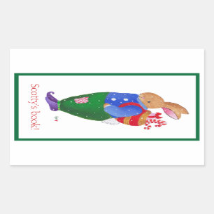 Christmas Rabbit bookplate Rectangular Sticker