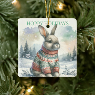 Christmas Rabbit Hoppy Holidays Photo Collage Ceramic Ornament