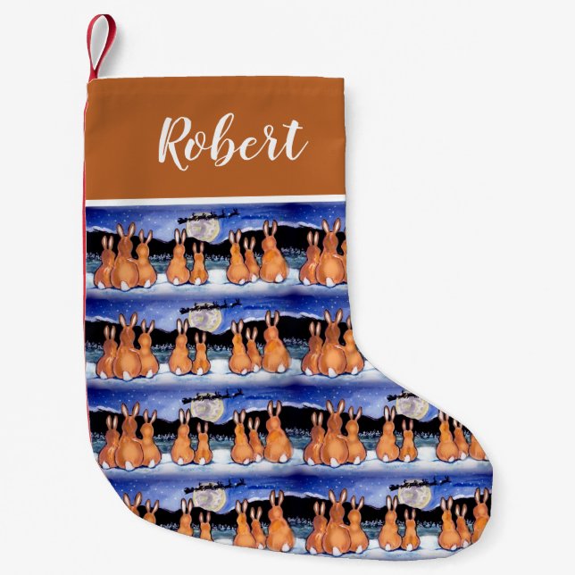 Christmas Rabbit Moon Blue Tan Winter Rustic Look Small Christmas Stocking (Front)