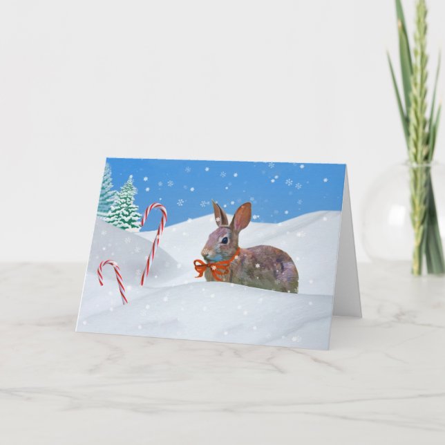 Christmas, Rabbit, Snow, Candy Canes Holiday Card (Front)