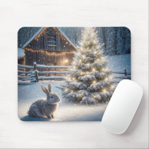 Christmas Rabbit With Glowing Tree Mouse Pad