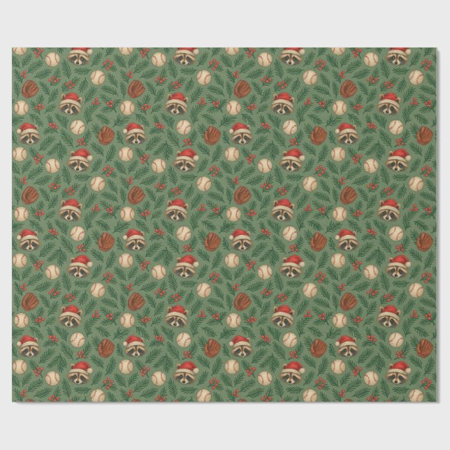 Christmas Raccoon Baseball Wrapping Paper (Flat)