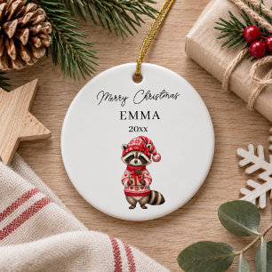 Christmas Raccoon Girl Watercolor Name Ceramic Tree Decoration