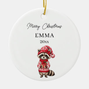 Christmas Raccoon Girl Watercolor Name Ceramic Tree Decoration