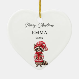 Christmas Raccoon Girl Watercolor Name Heart Ceramic Tree Decoration