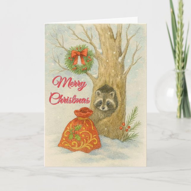 Christmas Raccoon Watercolor Kids  Holiday Card (Front)