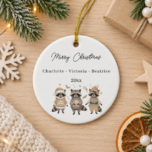 Christmas Raccoons Friends Watercolor Ceramic Tree Decoration