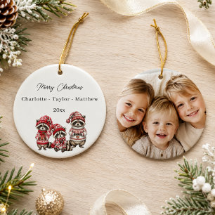 Christmas Raccoons Siblings Kids Photo Watercolor Ceramic Tree Decoration