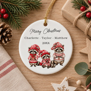 Christmas Raccoons Siblings Kids Watercolor Ceramic Tree Decoration
