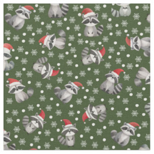 Christmas Raccoons & Snowflakes on Dark Green Fabric