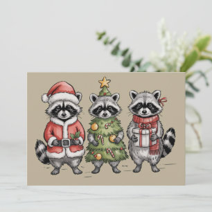 Christmas Raccoons Woodland Trio Santa Tree Animal Holiday Card