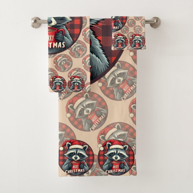 Christmas Racoon Cocoa Cheer Bath Towel Set (Insitu)