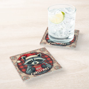 Christmas Racoon Cocoa Cheer Glass Coaster
