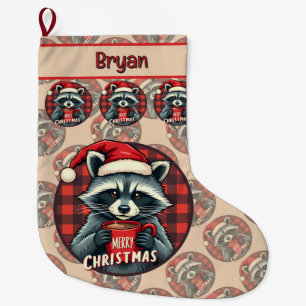 Christmas Racoon Cocoa Cheer Large Christmas Stocking