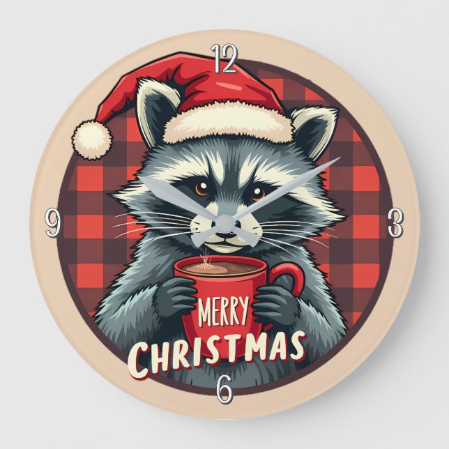 Christmas Racoon Cocoa Cheer Large Clock (Front)