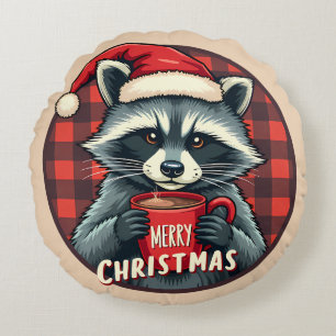 Christmas Racoon Cocoa Cheer Round Cushion