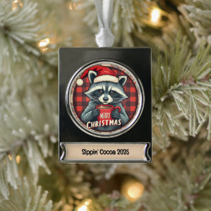 Christmas Racoon Cocoa Cheer Silver Plated Banner Ornament