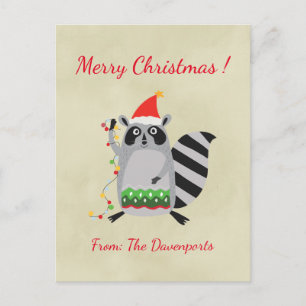 Christmas Racoon Holding Holiday Lights Postcard