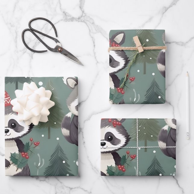 Christmas Racoon pattern Wrapping Paper Sheet (Front)