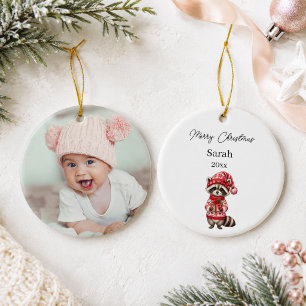 Christmas Racoon Photo Name Baby Ceramic Tree Decoration