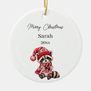 Christmas Racoon Photo Watercolor Name Baby Ceramic Tree Decoration
