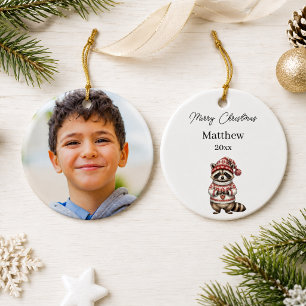 Christmas Racoon Photo Watercolor Name Boy Ceramic Tree Decoration