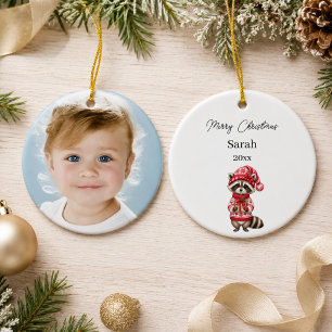 Christmas Racoon Photo Watercolor Name Girl Ceramic Tree Decoration