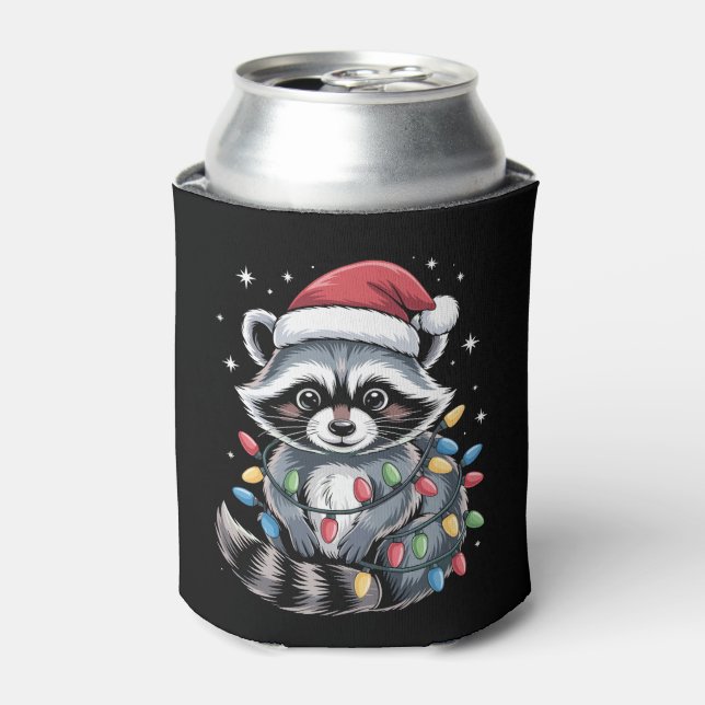 Christmas Racoon Santa Hat String Lights Winter Can Cooler (Can Front)