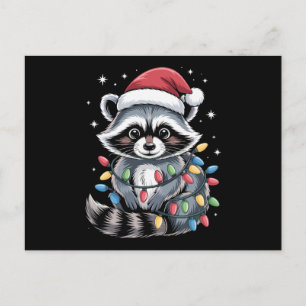 Christmas Racoon Santa Hat String Lights Winter Holiday Postcard