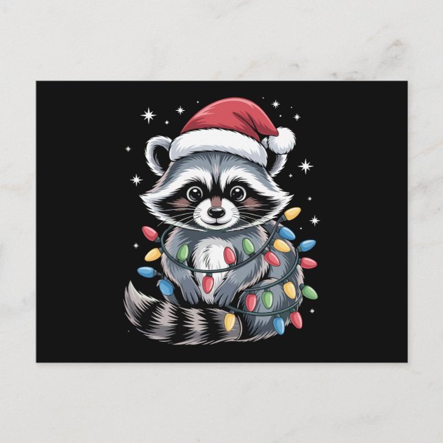 Christmas Racoon Santa Hat String Lights Winter Holiday Postcard (Front)